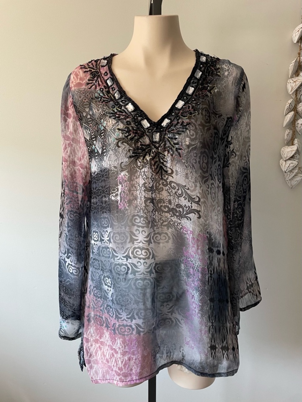 Raviya Boho Beaded Embellished Sheer Top Damask Geomentric Paisley Size Medium